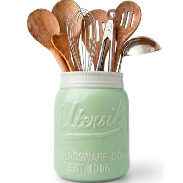 Imagem de Comfify Wide Mouth Mason Jar Utensil Holder Decorative Kitchenware Organiser Crock, Chip Resistant Ceramic, Dishwasher Safe - Kitchen Caddy Green, Large Size 18cm High