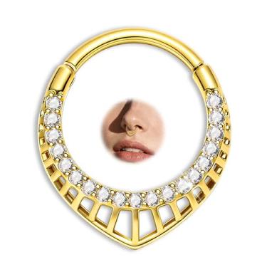 Imagem de Jewseen Anel de septo de ouro 16G 316L aço cirúrgico piercing de septo joias articuladas em forma de V para mulheres 10 mm lágrima Daith piercing joia de aço inoxidável 316L brinco Daith para mulheres