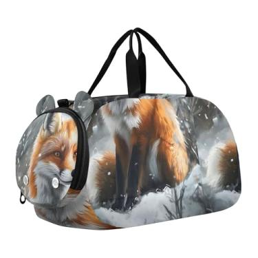 Imagem de Bolsa esportiva para meninos e crianças, aconchegante, biblioteca, para livros, para meninas, para viagem, academia, bagagem infantil, Floresta nevada de raposa vermelha encantadora, Clássico