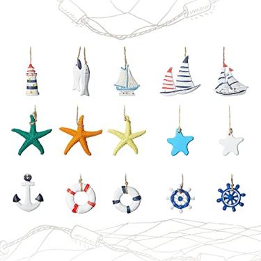 Imagem de 15 peças decoração suspensa náutica mini praia conjunto de enfeites marinhos de madeira estrela do mar barco âncora farol leme veleiro anel vida boias peixes casa mini rede acessórios praia decoração litoral