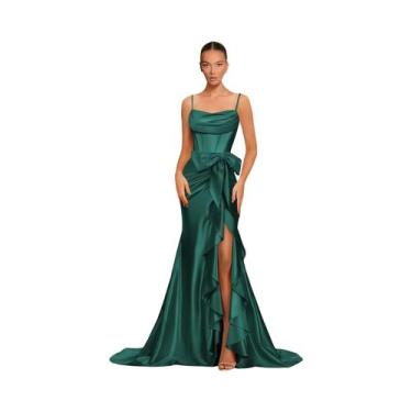 Imagem de Vestido De Gala Feminino Em Cetim Estilo Sereia Com Alças Finas, Ombro