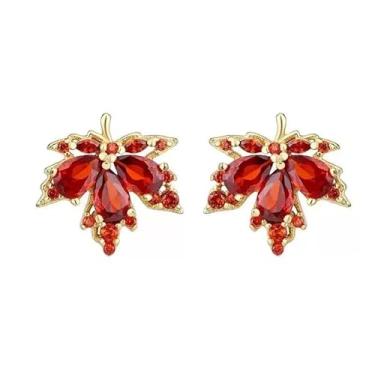 Imagem de Brincos femininos de folha de bordo - joias de folha de outono banhadas a ouro com cristais de granada vermelha, brincos delicados de outono para uso diário, presentes de Ação de Graças/Dia das Bruxas