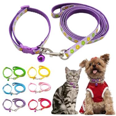 Imagem de Coleira de cachorro XS com conjunto de sino e trela, coleiras de gatinho de nylon para meninas, para animais de estimação pequenos, areia para gatos pequenos, roxo