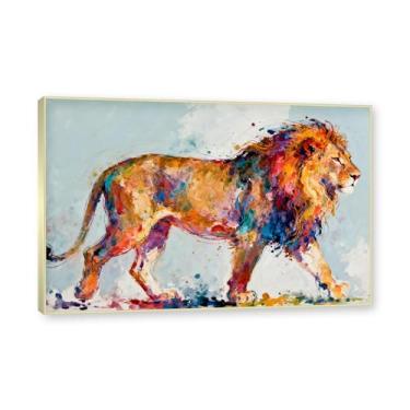 Imagem de NHLDZYH Moldura dourada. Pintura de leão colorida, impressão de arte abstrata vibrante, decoração de parede de animais selvagens e enérgicos, tela contemporânea moderna para quarto, academia, quarto