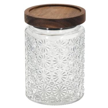 Imagem de 1 pote de vidro vintage Starlit Glow com tampa de madeira maciça, recipiente de armazenamento de cozinha para açúcar, café, chá, biscoitos, sal de banho - Pote decorativo para despensa e balcão (1