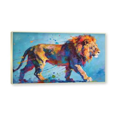 Imagem de NHLDZYH Moldura dourada. Pintura salpicada de leão pintura em tela abstrata arte animal mural vívido chama a atenção para sala de estar decoração de casa moderna. A115. 40 x 72 cm.