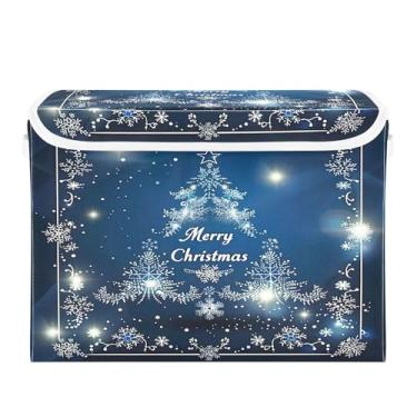 Imagem de SEHANY Caixa de armazenamento de armário de árvore de Natal de floco de neve azul com tampas e alças, organizador de cestas de armazenamento de tecido dobrável, caixas de armazenamento de cubos