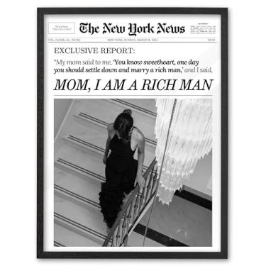 Imagem de EcoHest Arte de parede emoldurada de madeira de carvalho maciça preta de 30,5 x 40,6 cm, arte em tela de jornal, mãe de jornal, "I Am a Rich Man", pôster feminino de revista, arte de parede para