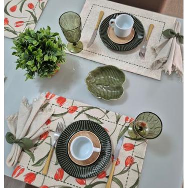 Imagem de Jogo Americano Dupla Face (kit de 6 lugares) Tecido Impermeável Tulipas + 6 Porta Guardanapos | Mesa Posta