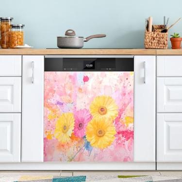 Imagem de SEHANY Capa magnética de girassóis amarelos para lava-louças, adesivos magnéticos decorativos antiarranhões para painel de geladeira e lava-louças, decoração de flores de fazenda de cozinha doméstica