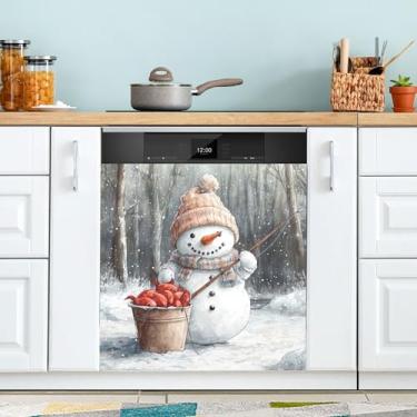 Imagem de xigua Linda capa magnética de boneco de neve de Natal, adesivos magnéticos decorativos antiarranhões para painel de geladeira e lava-louças, decoração personalizada de cozinha doméstica 58 x 66 cm