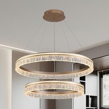 Imagem de Lustre moderno de LED dourado, dimerizável, 3000K-6500K, com anéis, suporte de teto e altura ajustável. Luminária pendente elegante em acrílico para sala de jantar, sala de estar e cozinha (
