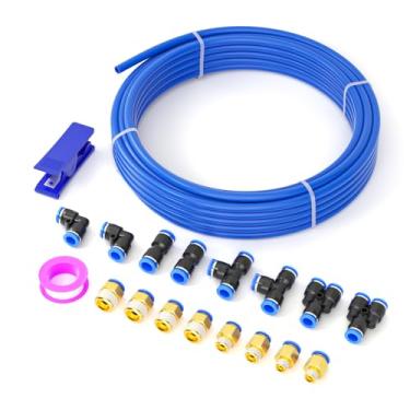 Imagem de luxdeng Kits de mangueira de ar PU de poliuretano azul de 8 mm OD com conexões de pressão para conexão para tubo de transferência de fluido de ar comprimido 10 metros/10 m (pacote com 19)