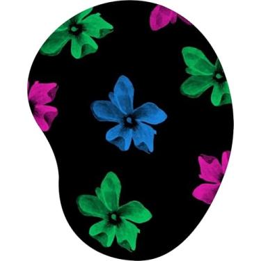 Imagem de Mouse Pad Ergonômico Gota Flores Verde Rosa e Azul Fundo Preto