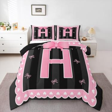 Imagem de jejeloiu Conjunto de edredom com laço rosa para meninas, com laço coquete, tamanho Queen, para crianças, meninos, meninas, personalizado, com letra H, edredom com nó de borboleta, princesa, edredom