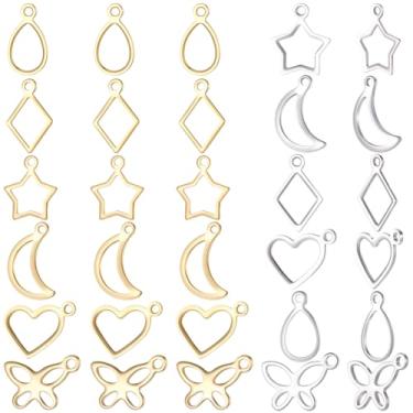 Imagem de Beebeecraft 120 peças, 12 estilos, pingentes de moldura oca, aço inoxidável, 304, lágrima, losango, coração, borboleta, estrela, berloques, moldes de resina para fazer joias, colares, brincos