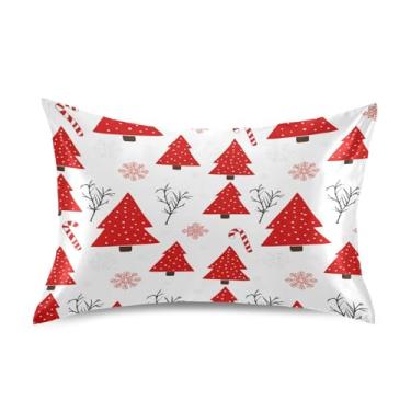 Imagem de Wassud Fronha de cetim vermelho de árvore de Natal para cabelo e pele fronhas de seda lisa tamanho padrão capas de travesseiro respiráveis com fecho de envelope