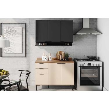 Imagem de Cozinha Modulada Completa Alpha 2 Peças (1Aéreo+1Balcão) C2P53 Freijo/Off White/Preto - Carraro