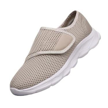 Imagem de Tênis feminino de ajuste largo com alça ajustável, sem cadarço, leve, malha respirável, masculino, para caminhada inchado, pés largos, bege, Bege, 38