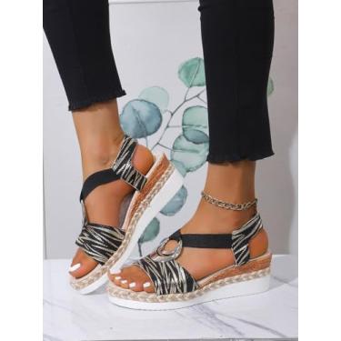 Imagem de Sandália feminina plataforma plataforma salto baixo elegante sandália aberta tira elástica no tornozelo verão sapatos confortáveis sandálias casuais, Preto, 36