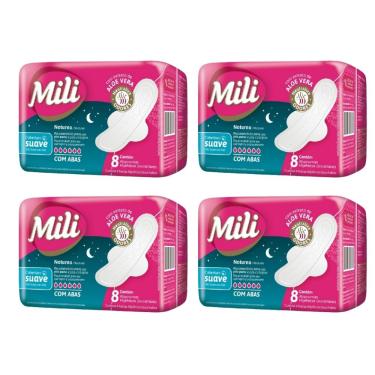 Imagem de Absorvente Feminino Fluxo Intenso Suave C/ABAS Noturno MILI 4 Pacotes de 8 Unidades