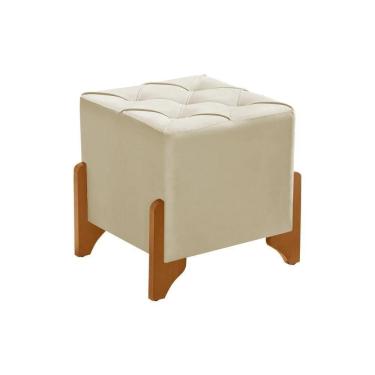 Imagem de Puff Decorativo Monet Quadrado Base Madeira Maciça Veludo Bege