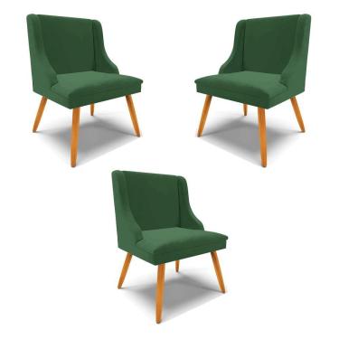 Imagem de Kit 3 Cadeiras Decorativas Sala De Jantar Pés Palito De Madeira Firenze Veludo Verde/natural G19