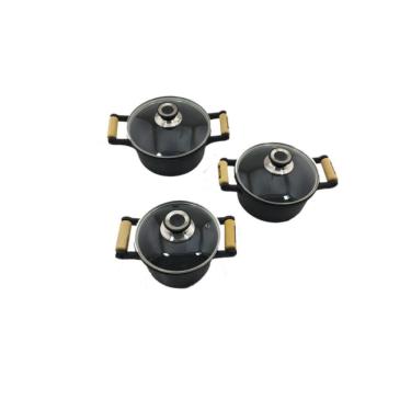 Imagem de Jogo 3 Caçarolas De Ferro Fundido Alça Madeira Tampa Vidro.