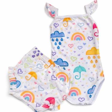 Imagem de Conjunto body canelado de alça verão com tapa fralda estampa colorida 
