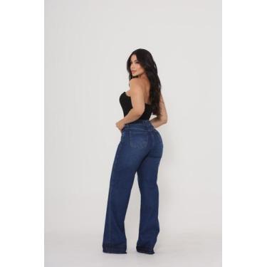 Imagem de Calça Jeans Wide Leg Feminina Cintura Alta Lavagem Escura Barra Desfia
