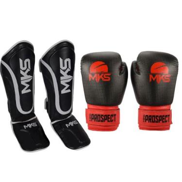 Imagem de Kit Luva Boxe Muay Thai Prospect Preto/Vermelho 16oz + Caneleira Muay 
