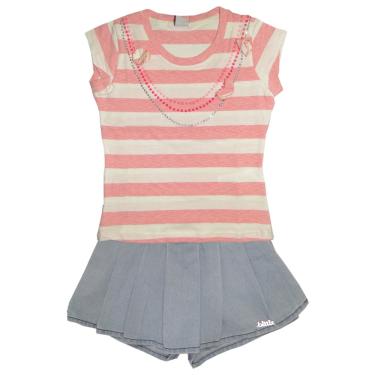 Imagem de Camiseta Infantil Listrada Rosa e Short-Saia Infantil Jeans Claro com Pregas