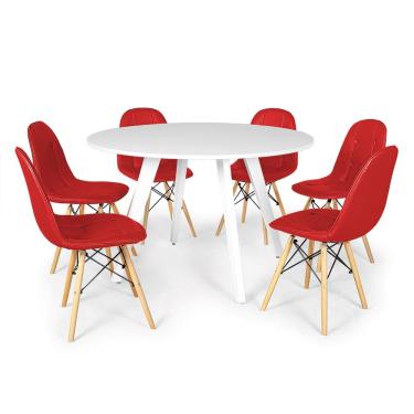 Imagem de Conjunto Mesa de Jantar Redonda Amanda Branca 120cm com 6 Cadeiras Eiffel Botonê - Vermelho