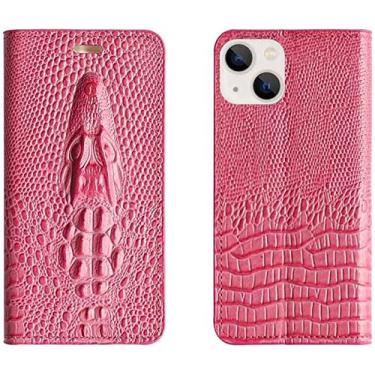 Imagem de KKFAUS Capa de telefone de concha de couro, para Apple iPhone 13 (2021) 6,1 polegadas cabeça de crocodilo em relevo folio stand case [slot para cartão] (cor: vermelho rosa)