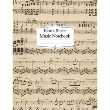 Imagem de Caderno de partitura em branco - Capa de notas musicais antigas em preto e branco - 9 bastões por página: para músicos compor música - clássico, rock, pop