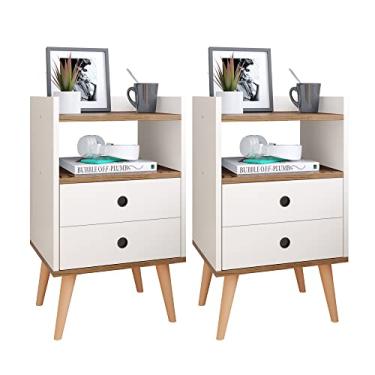 Imagem de Jogo Quarto Kit 2 Mesas de Cabeceira Pequenas Mesinhas com Gavetas Nicho Decorativo Retrô - Off White/Freijó - RPM