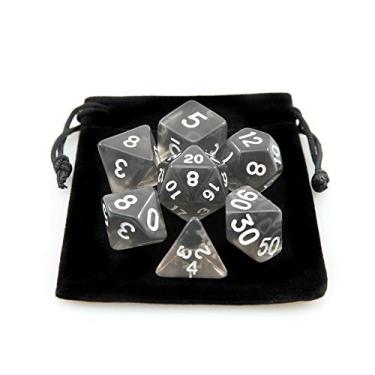 Imagem de Kit 7 Dados RPG de Mesa D&D Acrílico Translúcido D4 D6 D8 D10 D10% D12 D20 Cor PRETO + 1 Bolsa