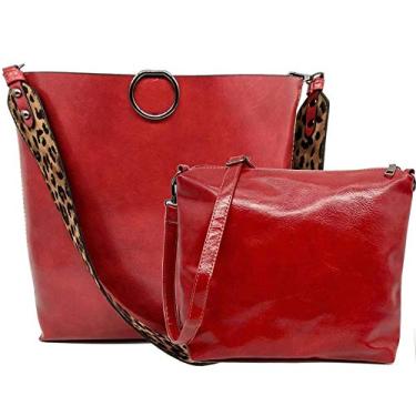 Imagem de FiveloveTwo Bolsa feminina com estampa de leopardo, 2 peças, bolsa de ombro, sacola, bolsa de mão, Vermelho, 2