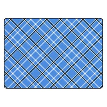 Imagem de ColourLife Tapetes leves e macios, padrão xadrez tartã em azul, preto e branco, tapete para crianças, sala de jogos, piso de madeira, sala de estar, 160 x 122 cm