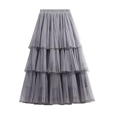 Imagem de Mulheres verão bolo saia tule saias moda elástica cintura alta midi saia plissada saias femininas (cinza tamanho único)