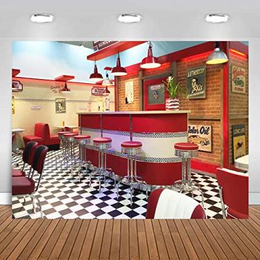 Imagem de MTMETY 2,4 x 1,8 m fundo de jantar clássico loja de refrigerante fast food anos 50 restaurado bufê de bufê de refeição fundo fotografia banner imagem criança aniversário chá pano de fundo decoração BJME004