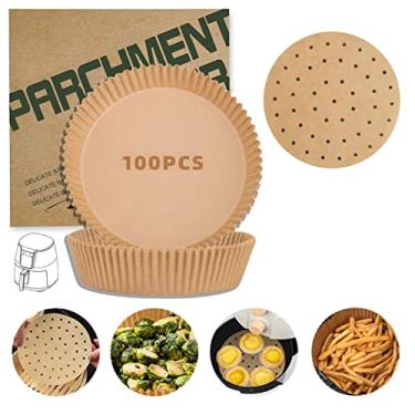 Imagem de Air Fryer Forro de papel descartável com papel vaporizador, forros de bambu, antiaderente, redondo, 16 cm, 100 peças
