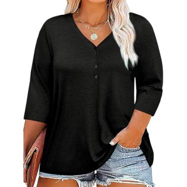 Imagem de Tankaneo Camisetas femininas plus size gola V manga 3/4 verão casual solta túnica camisetas, Preto, 3G