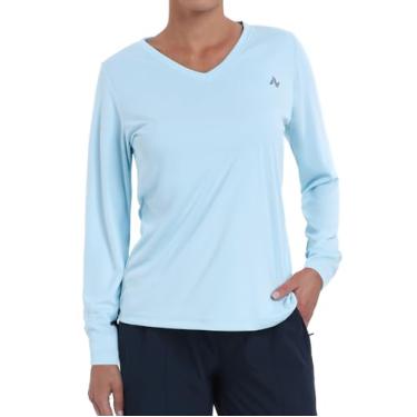 Imagem de Nepest Camisetas femininas FPS 50+ para sol dry fit atlético, corrida, manga comprida, gola V, Azul claro, GG