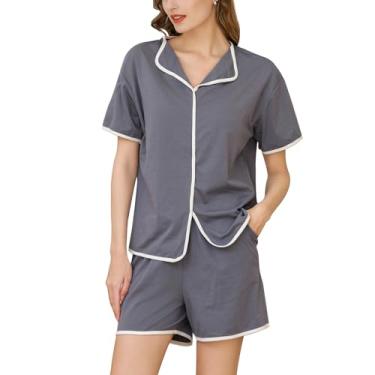 Imagem de Aprsfn Conjunto de 2 peças de pijama feminino modal lounge, manga curta, conjunto de pijama macio, Cinza, M