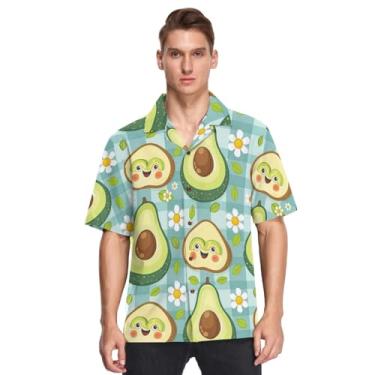 Imagem de Camisa masculina havaiana manga curta abotoada casual camisa solta verão praia tops, Lindas margaridas de abacate xadrez verde, GG