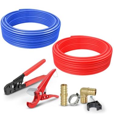 Imagem de Pexflow PXKT50012 Kit de iniciação de Pex – Ferramentas de crimpagem e cortador, encaixes de cotovelo e cotovelo de latão de 3/4 polegadas, braçadeira de aço inoxidável de 3/4 polegadas, tubulação PEX de 3/4 polegadas (1 vermelho + 1 azul)