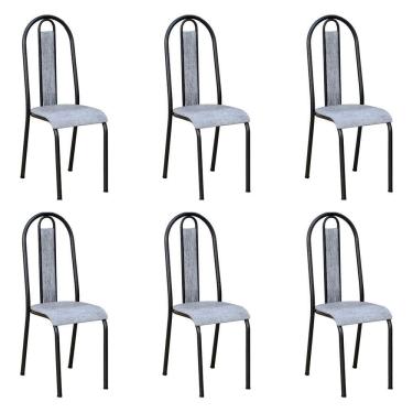 Imagem de Kit 6 Cadeiras De Cozinha Arizona Estampado Linho Prata Pés De Ferro Preto