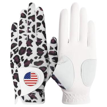 Imagem de Luvas de golfe femininas com marcador de esfera, pacote de couro para mão esquerda, luva de golfe feminina para todos os climas, respirável, macia, tamanho pequeno, médio, grande, GG (leopardo, grande desgastado na mão esquerda)