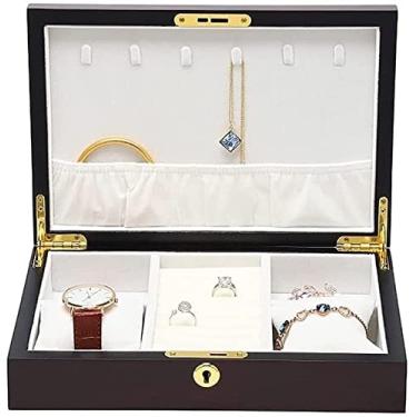Imagem de Organizador de joias Caixa de joias Caixa de joias de madeira Caixa de armazenamento de joias retrô com fechadura Estojo de joias multifuncional de estilo sofisticado Caixa de exibição de joias Estojo